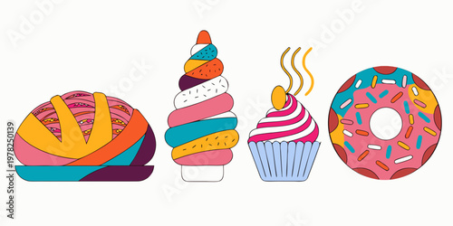 Abstract stylized bakery goods illustration featuring bread twist pastry cupcake and glazed donut abstract stylized breakfast delicious doughnut sprinkles colorful illustration