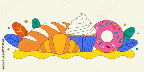 Bakery goods and pastry collection featuring bread croissant cupcake and donut decorated with leaves croissant decoration breakfast delicious doughnut sprinkles illustration
