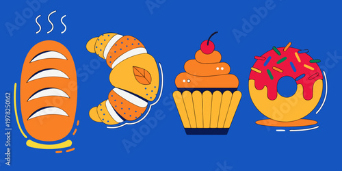 Set of assorted fresh bakery items including bread loaf croissant cupcake and glazed donut vector illustration bakery shop food items bakery goods croissant breakfast collection