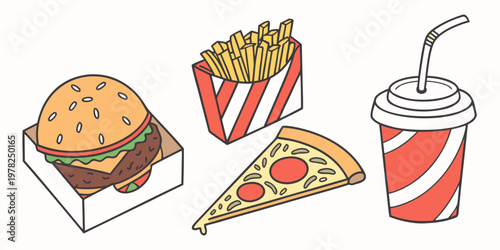 Fast food meal set including classic cheeseburger french fries pepperoni pizza slice and soda cup junk food burger box snack bar cheeseburger delicious restaurant illustration