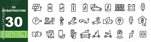 Vehicle Infrastructure set of web icons in line style. Containing Panel, Battery, Car, Powerbank, Accumulator, Parking, Station, Plant, Hand, Plug, Leaf, and more. Editable stroke icons collection.