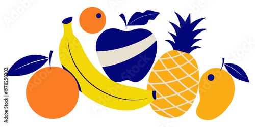 Stylized colorful modern fruit composition featuring banana apple orange pineapple and mango pineapple nutrition tropical vegetarian colorful illustration abstract composition