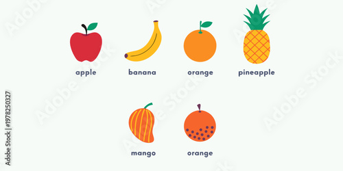 Simple minimalist icons of assorted fresh tropical and common fruits with pineapple nutrition vegetarian illustration minimalist delicious restaurant agriculture tropical