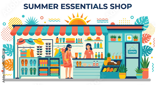 Well-stocked summer essentials shop. Display of hats, sunglasses, flip-flops, towels, and sunscreen. Customers browsing. Beach vacation preparation.