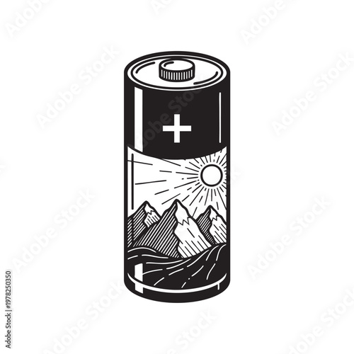 AA Battery with Mountain Sunrise Nature Landscape Inside Energy Concept Creative Vector Illustration