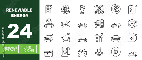 Renewable Energy set of web icons in line style. Containing Battery, Recycle, Location, Repair, Refresh, Car, Wireless, Accumulator, Plug, Dashboard, Electric, Solar, Leaf, and more. Editable stroke
