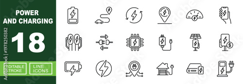 Power and Charging set of web icons in line style. Containing Battery, Road, Recycle, Pin, Gauge, Smartphone, Station, Plug, Processor, Cable, Panel, Money, and more. Editable stroke icons collection.