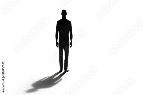 Black silhouette of a standing man facing away while casting a long shadow on a white floor surface