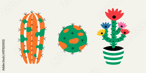 Set of three colorful cartoon style desert cactus plants with unique abstract patterns and a flowering succulent in a striped pot succulent botanical colorful illustration abstract