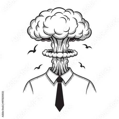 Man with Nuclear Mushroom Cloud Explosion Head Wearing Suit and Tie Surreal Vector Illustration