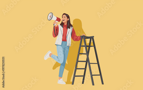 A woman stands on a ladder and loudly speaks through a megaphone.