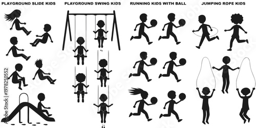 Black silhouette collection of children playing on a playground including slides swings jumping rope and running with balls children playground silhouette recreation activity