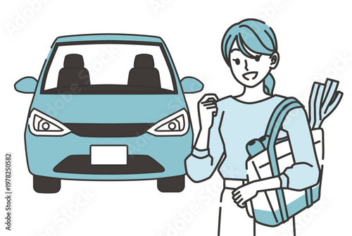 買い物帰りの女性と車のイラスト