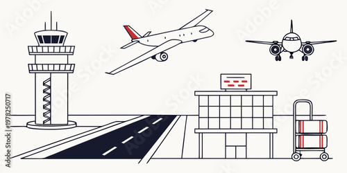 Linear style airport elements illustration featuring control tower airplane on runway terminal and luggage cart aviation industry illustration airplane terminal aviation transport