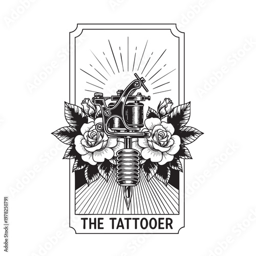Tattoo Machine Gun with Roses Tarot Card Style The Tattooer Ink Art Vector Illustration