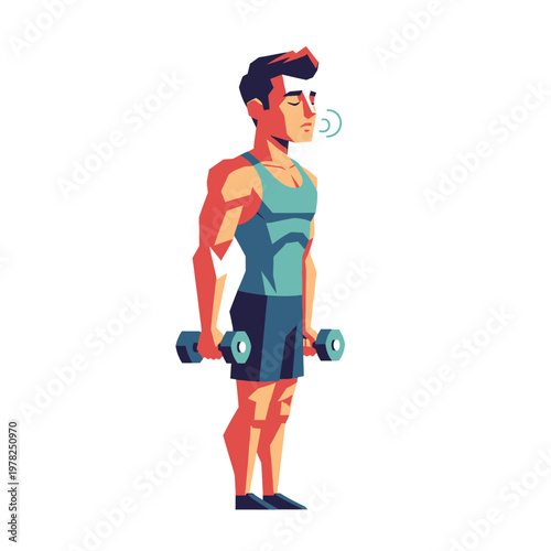 Fitness Man with Dumbbells Taking Deep Breath During Workout, Exercise Training