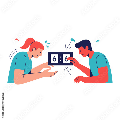 Man and Woman in a Tense Tie Situation with 6:6 Scoreboard, Competition or Conflict