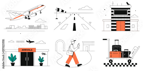 Set of travel and airport themed flat graphic icons including airplane departures and arrivals with luggage airplane departure transportation passenger aircraft terminal aviation