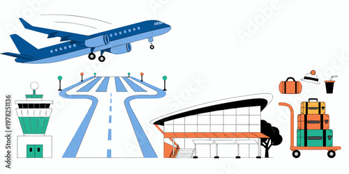 Flat graphic collection of airport elements including an airplane taking off and luggage trolley with airplane terminal aviation aircraft departure suitcases passenger vacation
