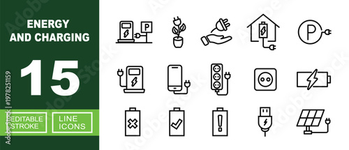 Energy and Charging set of web icons in line style. Containing station, plant, plug, home, parking, smartphone, extension, socket, battery, solar-panel, usb and more. Editable stroke icons collection.