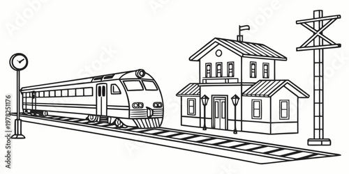 Train approaching railway station building with platform and clock tower black and white line art illustration transportation building platform locomotive commuter architecture