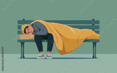 A man sleeps peacefully on a park bench wrapped in a yellow blanket.
