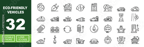 Eco-Friendly Vehicles set of web icons in line style. Containing Globe, Plug, Car, Drop, Jerrycan, Hybrid, Battery, Road, Engine, Recycle, Leaf, Station, Gear, Solar and Wire and more. Editable stroke