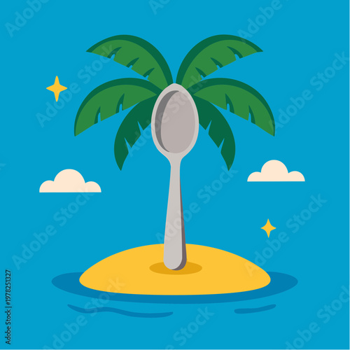 Colorful cartoon illustration of spoon stuck in tropical island palm t