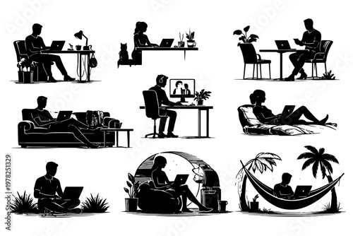 Silhouettes of people working remotely in various settings.