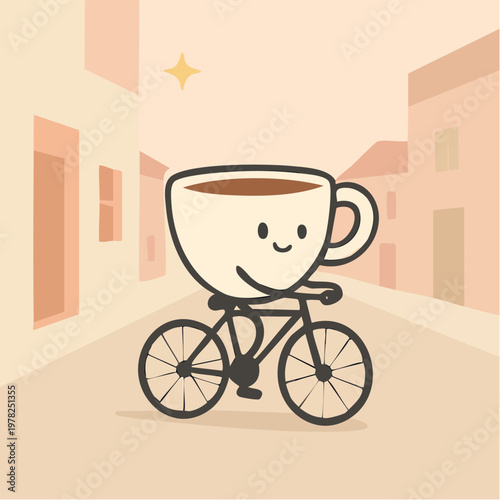 cartoon coffee cup riding bicycle on city street