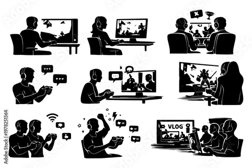 Silhouette gamers engaged in multiplayer action and streaming sessions.