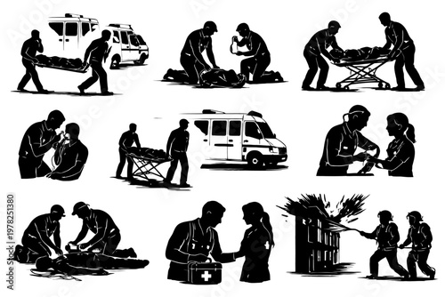 Emergency medical response silhouettes illustrating diverse life-saving scenarios.