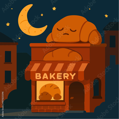 Cute cartoon bakery store with sleeping bread under moonlight at night