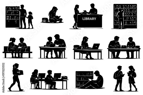 Silhouettes of library activities featuring diverse individuals.
