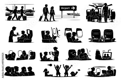 Silhouette travel scenes with people at airport and airplane passengers.