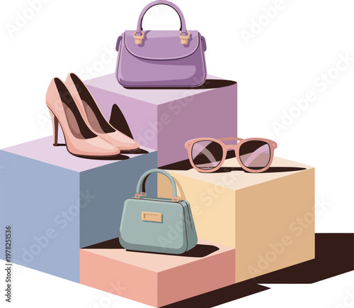 Stylish female accessories vector illustration on colorful blocks art.