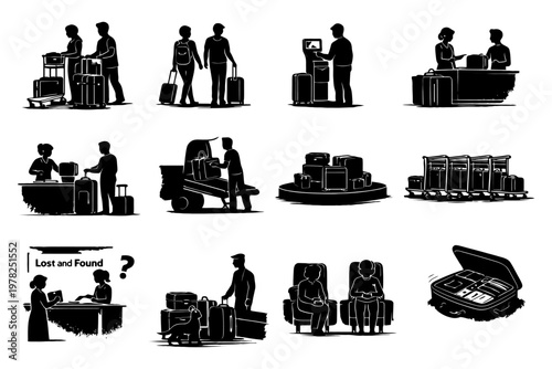 Silhouettes at airport: check-in, security, baggage claim, lost and found, passengers, staff.