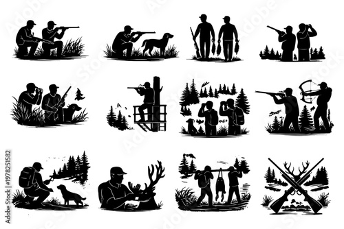 Silhouette collection of hunters and dogs in nature scenes.