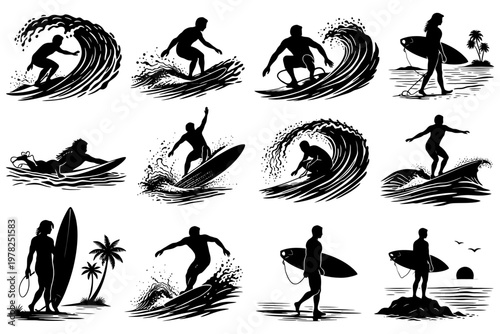 Black silhouette surfers riding waves in various dynamic poses.