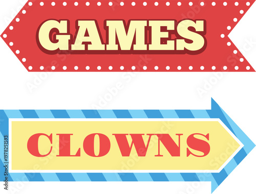 Bright and playful typographic designs with the words games and clowns
