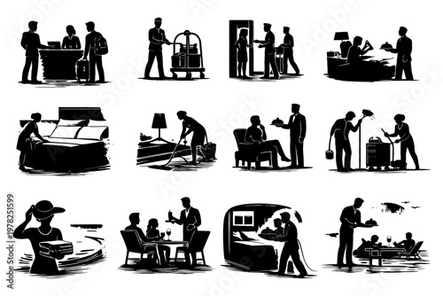 Hotel service illustrations featuring diverse staff and guests in various hospitality roles.