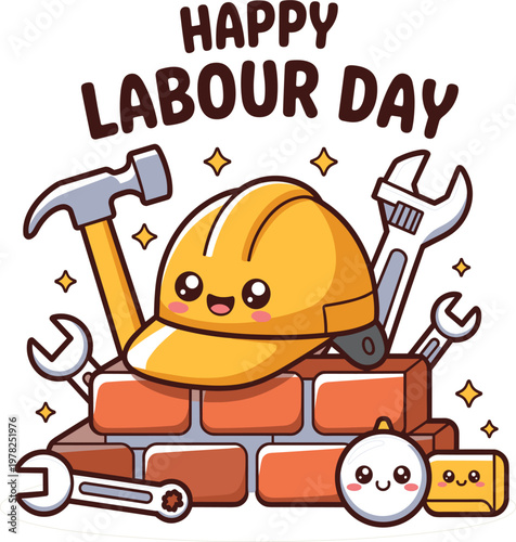 Happy Labour Day illustration with cute kawaii construction worker helmet, tools and brick wall isolated vector design