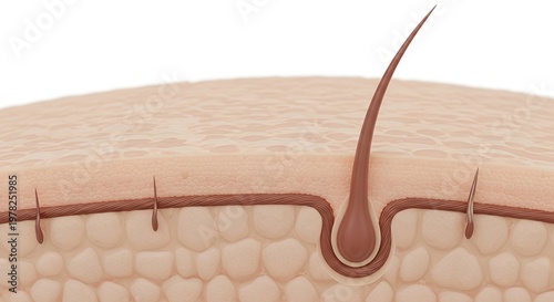 High-Resolution 3D Schematic of Human Terminal Hair Follicle Micro-Architecture within Integrated Epidermal and Dermal Strata.