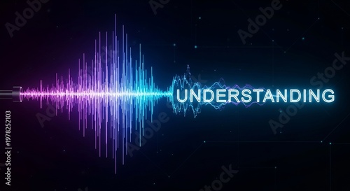 Sound Wave Visualization Transforming into Understanding Text with Purple Blue Neon Light on Dark Background AI Concept