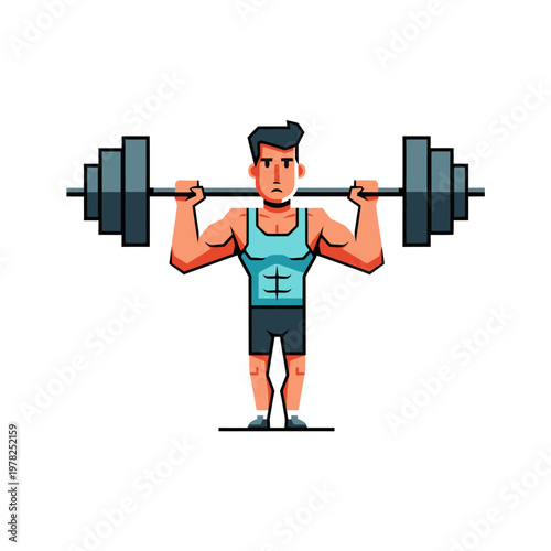 Strong cartoon man lifting heavy barbell, fitness workout, strength training.