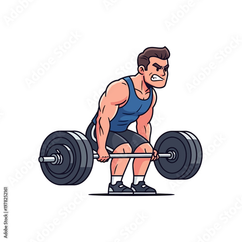 Strong Cartoon Man Lifting Heavy Barbell, Fitness Workout Illustration