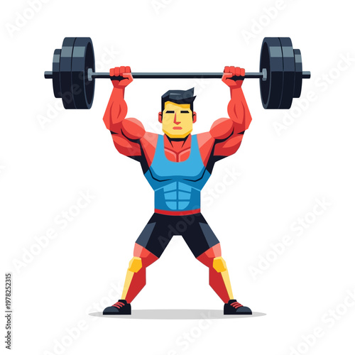 Strong Man Weightlifter Lifting Barbell Overhead Vector Illustration