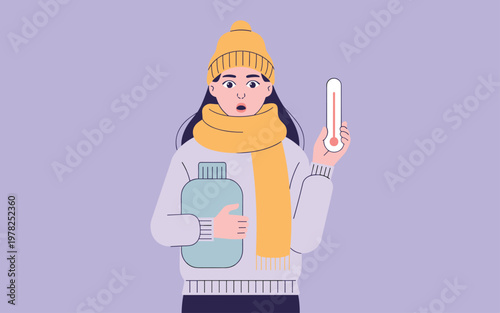 A surprised woman holds a hot water bottle and a thermometer outside on a cold day.