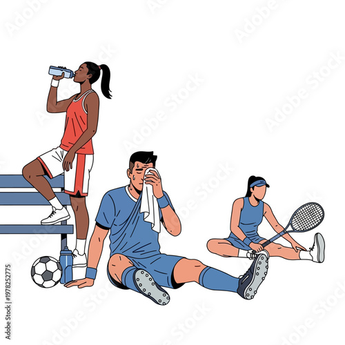 Athletes resting and recovering after sports activity, hydrating and stretching
