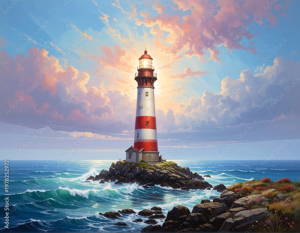 Obraz premium A serene lighthouse on a rocky island amidst turbulent waters